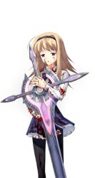  1girl ahoge amputee black_hairband black_pantyhose blonde_hair blood blood_on_clothes blood_on_face bow bowtie breasts chaos;head d-sword dress_shirt empty_eyes exhausted game_cg hairband holding holding_sword holding_weapon huge_weapon hugging_object long_sleeves matsuo_yukihiro miniskirt missing_hand narrowed_eyes nishijou_nanami no_jacket non-web_source official_art open_collar open_mouth pantyhose petticoat plaid_bow plaid_bowtie plaid_clothes plaid_skirt purple_bow purple_bowtie purple_skirt school_uniform science_adventure severed_hand shirt skirt small_breasts solo spoilers sprite suimei_academy_school_uniform swept_bangs sword torn_clothes torn_skirt transparent_background violet_eyes weapon white_shirt winter_uniform 