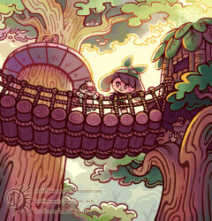  1girl :3 bandana blush bridge brown_hair chibi closed_eyes closed_mouth commentary english_commentary fortree_city gloves green_bandana in-universe_location in_tree kecleon ko-fi_username mattibee may_(pokemon) no_sclera nostrils outdoors pokemon pokemon_(creature) pokemon_emerald pokemon_rse rope_bridge slakoth smile swablu taillow tree treehouse tumblr_username twitter_username web_address zigzagoon 