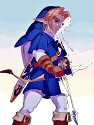  1boy blonde_hair blue_eyes blue_tunic boots bow_(weapon) brown_boots brown_gloves closed_mouth collared_tunic commentary earrings gloves hat highres holding holding_bow_(weapon) holding_weapon jewelry leggings link long_pointy_ears long_sleeves male_focus msk3284tloz piercing pointy_ears shield shield_on_back shirt solo standing sword symbol-only_commentary the_legend_of_zelda the_legend_of_zelda:_ocarina_of_time tunic weapon white_leggings white_shirt wing_collar 