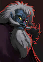  1boy beard bittenhard blue_skin colored_sclera colored_skin doctor_hell facial_hair long_hair long_mustache looking_at_viewer male_focus mazinger_(series) mazinger_z mustache old old_man pointy_nose red_light sidelighting upper_body white_hair yellow_sclera 