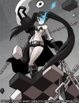  1girl alex_ahad belt bikini_top black_gloves black_hair black_rock_shooter black_rock_shooter_(character) blue_eyes cannon chain checkered checkered_floor collaboration expressionless flat_chest gloves glowing glowing_eye gun long_coat long_hair mary_cagle navel off_shoulder pale_skin scar short_shorts shorts smoke smoking_gun solo twintails uneven_twintails very_long_hair weapon 