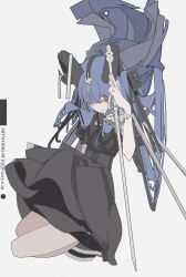  1girl absurdres arknights artist_name bang_dream! bang_dream!_it's_mygo!!!!! basket_hilt black_dress black_horns black_ribbon blue_hair closed_mouth curled_horns dated demon_girl demon_horns dress empire_waist exoskeleton flat_color floating_hair full_body grey_background hair_flowing_over hair_ornament hair_ribbon hand_on_hilt highres holding holding_sword holding_weapon horns jqqs2002 kneeling long_hair looking_at_viewer planted planted_sword puffy_short_sleeves puffy_sleeves rapier reverse_grip ribbon short_dress short_sleeves simple_background solo sword togawa_sakiko togawa_sakiko_(master_of_melodia) very_long_hair weapon yellow_eyes 