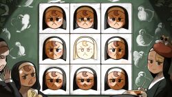  >_< 4girls :o animal_on_head beret bird blonde_hair brown_eyes brown_hair cat cat_on_head chalkboard chicken commentary diva_(hyxpk) duck english_commentary freckles froggy_nun_(diva) grey_hair hat highres little_nuns_(diva) multiple_girls nun on_head painting_(object) red_hat sheep_nun_(diva) shiny_forehead spicy_nun_(diva) sunglasses traditional_nun triangle_mouth yellow_eyes 