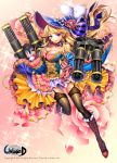  1girl black_legwear blonde_hair blue_eyes boots bow breasts cleavage collarbone copyright_name detached_collar dress ells frilled_dress frills garter_straps gun hat hat_bow highres knee_boots lipstick long_hair makeup minigun skull_and_crossbones solo thighhighs unleashed watermark weapon 