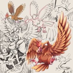  1girl animal_ears backpack bag beak bird brown_feathers buneary closed_eyes commentary_request fearow feathered_wings feathers flying highres hug pokemon pokemon_(creature) pokemon_rgby rabbit rabbit_ears seviper shoupitsuki sketch smile snake surprised talons twintails vulture wings 