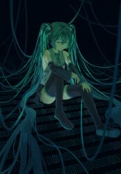  1girl absurdly_long_hair absurdres arm_on_knee binary black_shoes black_skirt black_sleeves black_thighhighs closed_eyes closed_mouth commentary detached_sleeves full_body hair_between_eyes hand_on_own_knee hatsune_miku highres k2s knees_up long_hair miniskirt shirt shoes sitting skirt sleeveless sleeveless_shirt solo thigh-highs twintails very_long_hair vocaloid white_shirt 