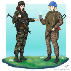  ak-74 aks-74 assault_rifle blonde_hair blue_eyes blue_helmet bosnia_and_herzegovina brown_hair camouflage commentary english_commentary gun helmet highres ironsnake kalashnikov_rifle rifle soldier ukraine united_nations unprofor weapon zastava_m70 
