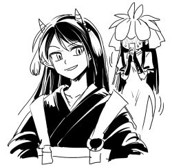  2girls alternate_costume blush commentary cone_horns dress flower flower_on_head greyscale horns interlocked_fingers japanese_clothes kimono lobelia_(flower) long_hair monochrome multiple_girls nippaku_zanmu open_mouth own_hands_together re_ghotion short_sleeves smile sweat touhou yomotsu_hisami 