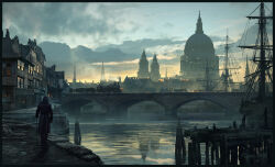  1boy assassin's_creed_(series) blue_sky bridge building cane city cloak clouds commentary dock dome english_commentary flock from_behind gradient_sky highres hood hooded_cloak painterly raphael-lacoste reflection reflective_liquid sailing_ship scenery signature sky tower train victorian water window yellow_sky 