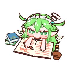  1girl bare_arms bfs1557897975 black_collar black_souls blush book bright_pupils chibi chibi_only chinese_commentary collar commentary_request detached_wings double-parted_bangs eraser fairy fairy_wings green_eyes green_hair green_wings highres holding holding_pencil leaf_(black_souls) long_hair looking_down maid_headdress open_book pencil pointy_ears solo squiggle two_side_up v-shaped_eyebrows white_pupils wings yurie_mouth 