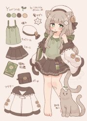  1girl absurdres animal_ear_fluff animal_ears bag bandaid bandaid_on_knee bandaid_on_leg bare_shoulders barefoot black_skirt blunt_bangs blush_stickers book bow bright_pupils cat_ears cat_girl cat_tail character_name collarbone colon_br color_guide commentary_request full_body green_bow green_eyes green_shirt grey_hair hair_bow hat highres jacket long_hair long_sleeves looking_at_viewer low_twintails off_shoulder open_clothes open_jacket open_mouth original shirt simple_background skirt sleeveless sleeveless_shirt sleeves_past_fingers sleeves_past_wrists solo standing tail translation_request twintails unworn_clothes white_background white_hat white_jacket white_pupils 