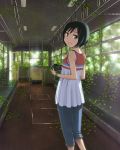  1girl black_hair blue_eyes bracelet camera hashi jewelry leaf looking_back original pants short_hair smile solo train train_interior vines 