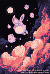  above_clouds closed_eyes closed_mouth clouds commentary english_commentary evolutionary_line flying full_body full_moon highres igglybuff jigglypuff mattibee moon night no_humans open_mouth pokemon pokemon_(creature) pokemon_focus sky smile tumblr_username twitter_username wigglytuff 