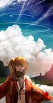  1girl blue_eyes clouds fence grass jewelry mujiha_(mlog) necklace original power_lines road scarf side_ponytail sky 