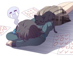  1girl :> :3 animal aqua_sweater artist_request black_hair blue_hair cat cat_on_person crying grey_skirt hair_ornament lying medium_hair miyamai_moca multicolored_hair on_stomach second-party_source shadow simple_background skirt solo streaming_tears sweater tears test_score voicepeak white_background 