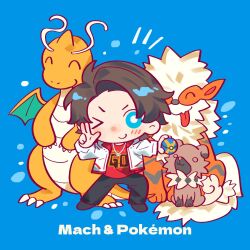  1boy 2786867956wuyu animification arcanine black_pants black_shoes blue_background blue_eyes bright_pupils brown_hair chinese_commentary closed_eyes closed_mouth commentary_request crossover curtained_hair dragonite facing_viewer full_body hands_up highres holding holding_poke_ball jacket jewelry kamen_rider kamen_rider_drive_(series) looking_at_viewer male_focus necklace notice_lines one_eye_closed open_clothes open_jacket outstretched_arm pants poke_ball pokemon pokemon_(creature) quick_ball rockruff shijima_gou shoes short_hair simple_background smile standing tongue white_pupils 