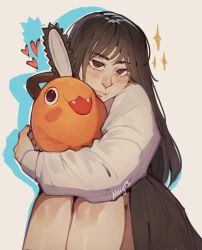  1girl :t absurdres black_dress black_hair blunt_bangs chainsaw chainsaw_man colored_shadow commentary creature dress english_commentary fangs handle heart highres holding holding_creature hug knees_up la_maryd13 long_hair long_sleeves looking_at_viewer mitaka_asa pinafore_dress pochita_(chainsaw_man) school_uniform shadow signature sleeveless sleeveless_dress solo sparkle 