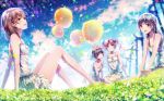  4girls balloon barefoot black_hair blue_sky brown_eyes brown_hair clouds confetti dsmile flower grass hair_flower hair_ornament head_wreath long_hair misaka_mikoto multiple_girls outdoors saten_ruiko shirai_kuroko short_hair sitting sky smile to_aru_kagaku_no_railgun to_aru_majutsu_no_index twintails uiharu_kazari 