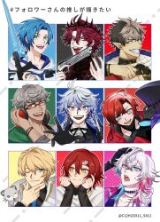  6+boys absurdres animal_on_shoulder arurandeisu arurandeisu_(1st_costume) black_background black_bow black_bowtie black_gloves black_jacket black_nails blonde_hair blue_background blue_eyes blue_hair bow bowtie bracelet braid brown_hair conductor_baton crimzon_ruze crown ear_piercing fangs ferret fingernails flower_hairpin followers_favorite_challenge gavis_bettel gavis_bettel_(1st_costume) glasses gloves green_background green_eyes grey_hair gun hair_ornament hairclip hanasaki_miyabi hanasaki_miyabi_(1st_costume) hand_on_headphones hand_on_own_chin hands_on_own_face hat headphones headphones_around_neck heterochromia highres hiyamaru holding holding_baton holding_gun holding_unworn_clothes holding_unworn_hat holding_weapon holostars holostars_english hood hoodie hoto_11010 jacket jewelry jurard_t_rexford kishido_temma kishido_temma_(1st_costume) machina_x_flayon machina_x_flayon_(1st_costume) male_focus multicolored_hair multiple_boys multiple_braids multiple_drawing_challenge nail_polish octavio one_eye_closed outline outside_border outstretched_hand piercing pink_background pink_eyes pink_hair polka_dot polka_dot_background portrait red_background red_eyes red_hair red_jacket regis_altare scarf sharp_fingernails sharp_teeth shirt short_hair sleeves_past_wrists slit_throat_(gesture) teeth tongue tongue_out top_hat tri_braids two-tone_hair unworn_hat unworn_headwear virtual_youtuber weapon white_hair white_hoodie white_jacket white_outline white_scarf white_shirt yellow_background yellow_eyes 