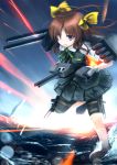  1girl bike_shorts bow brown_hair chipika hair_bow highres kagerou_(kantai_collection) kantai_collection kneehighs long_hair looking_at_viewer ocean personification pleated_skirt skirt sky twintails violet_eyes waves 