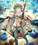  1boy 1girl ahoge bird blush braid closed_eyes flower green_hair hair_flower hair_ornament lena_(zoal) navel playing_instrument pointy_ears shingeki_no_bahamut smile squirrel thigh-highs twin_braids 