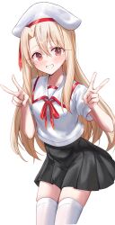  1girl absurdres beret black_skirt blonde_hair blush breasts commentary cowboy_shot double_v fate/kaleid_liner_prisma_illya fate_(series) grin hair_between_eyes hands_up hat highres homurabara_academy_school_uniform illyasviel_von_einzbern kaze_22 korean_commentary long_hair looking_at_viewer miniskirt neck_ribbon parted_lips pleated_skirt puffy_short_sleeves puffy_sleeves red_eyes red_ribbon ribbon school_uniform shirt short_sleeves skirt small_breasts smile solo thigh-highs v white_background white_hat white_shirt white_thighhighs 