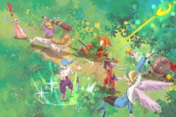  ! 3boys 3girls angel_wings battle black_hair breath_of_fire breath_of_fire_iv bun_cover commentary_request cray_(breath_of_fire) day dress ershin eyeshadow feathered_wings flying furry furry_male gloves grass gun hair_bun hairband higashikeisuke9 highres holding holding_gun holding_weapon jewelry makeup monster multiple_boys multiple_girls necklace nina_(breath_of_fire_iv) open_mouth outdoors pantyhose rocket_punch ryu_(breath_of_fire_iv) scias short_dress short_hair single_hair_bun sword ursula_(breath_of_fire) very_short_hair weapon white_wings wings 