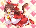  1girl 3535carrot animal_ears bell bell_collar brown_eyes brown_hair cat_ears cat_tail collar detail dress hakurei_reimu kemonomimi_mode long_sleeves open_mouth red_dress solo tail touhou wide_sleeves 