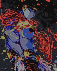  1boy arbitrium black_gloves black_hair blue_eyes closed_mouth colored_skin commentary english_commentary floating_hair from_side gloves highres jojo_no_kimyou_na_bouken looking_back male_focus purple_skin solo stand_(jojo) star_platinum stardust_crusaders toned toned_male 