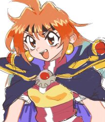  1girl :d armor black_headband breasts cape commentary_request earrings fang gan2 headband highres jewelry lina_inverse long_hair open_mouth orange_hair pauldrons red_eyes shoulder_armor simple_background slayers small_breasts smile solo teeth two-sided_cape two-sided_fabric upper_teeth_only v-shaped_eyebrows white_background 