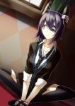  1girl checkered_necktie curtains eyepatch fingerless_gloves gloves headgear kantai_collection kauto looking_away necktie personification purple_hair school_uniform short_hair sitting skirt solo tenryuu_(kantai_collection) thighhighs window yellow_eyes 