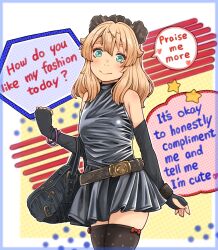  1girl abstract_background alternate_costume belt black_bag black_gloves black_thighhighs blonde_hair blue_background blue_border blue_eyes blush border bow bow_legwear bracelet bridget_(guilty_gear) brown_belt brown_headdress brown_wrist_cuffs closed_mouth commentary double-parted_bangs dress elbow_gloves english_commentary english_text fingerless_gloves gloves grey_dress guilty_gear heart highres jewelry looking_at_viewer medium_hair polka_dot polka_dot_background purple_background red_background red_bow single_wrist_cuff sleeveless sleeveless_dress smile solo speech_bubble star_(symbol) sugajyun thigh-highs white_background wrist_cuffs yellow_background zettai_ryouiki 