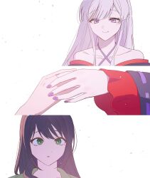  2girls bare_shoulders chou_kaguya-hime! closed_mouth commentary_request green_eyes hair_down hand_on_another's_hand highres ilpal118618 korean_commentary long_hair looking_at_viewer multiple_girls multiple_views nail_polish purple_hair purple_nails runami_yachiyo sakayori_iroha simple_background smile upper_body violet_eyes white_background yuri 
