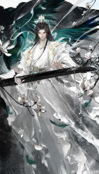  1boy absurdres adapted_costume aqua_bird aqua_feathers artist_request bird black_hair blue_gem branch chinese_clothes chinese_commentary closed_mouth coat commentary_request commission falling_feathers feathers flower gem guqin hagoromo hanfu headband highres holding holding_instrument instrument jewelry lan_wangji light_particles long_hair long_sleeves lotus male_focus mandarin_collar metal_belt modao_zushi music open_clothes open_coat peacock playing_instrument robe second-party_source shawl smile solo tassel topknot upper_body wangji_guqin watermark weibo_watermark white_coat white_flower white_hanfu white_headband white_shawl wide_sleeves xiao_guan_(headdress) yaopei yellow_eyes 