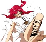  1girl angry ankle_lace-up barefoot cross-laced_footwear dress feet fighting_stance kicking magi_the_labyrinth_of_magic morgiana open_mouth red_eyes redhead soles toe_scrunch toes 