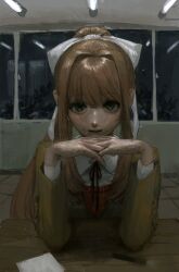  absurdres black_ribbon bow brown_hair brown_suit ceiling_light classroom collared_shirt commentary_request desk doki_doki_literature_club elbow_rest fluorescent_lamp green_eyes hair_between_eyes hair_bow hair_intakes hands_up hatena_(nazequestion) highres interlocked_fingers jacket light_smile looking_at_viewer monika_(doki_doki_literature_club) neck_ribbon night orange_sweater own_hands_clasped own_hands_together paper ponytail reflection ribbon sanpaku school_uniform shirt suit suit_jacket sweater swept_bangs white_bow white_shirt window 