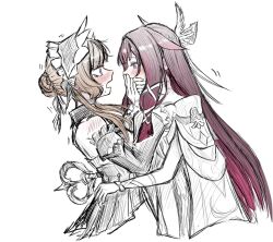  2girls arm_ribbon bare_back bare_shoulders black_dress black_hair black_hairband black_ribbon black_sleeves blunt_bangs blush bow bowtie brown_hair columbina_(genshin_impact) covering_another's_mouth detached_collar detached_sleeves dress feathered_wings frills genshin_impact gradient_hair hair_bun hair_ornament hair_ribbon hair_tubes hairband hands_on_another's_face hands_up hashtag-only_commentary head_wings key long_hair long_sleeves looking_at_another multicolored_hair multiple_girls multiple_wings off-shoulder_dress off_shoulder open_mouth pale_skin pink_hair ribbon saba_oekaki sandrone_(genshin_impact) short_hair_with_long_locks shy sidelocks simple_background sleeveless sleeveless_dress strapless strapless_dress sweat two-tone_hair v-shaped_eyebrows violet_eyes white_background white_bow white_bowtie white_dress white_headdress wide_sleeves wing_collar wings x_hair_ornament yuri 