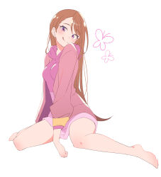  1girl :q absurdres asymmetrical_bangs barefoot brown_hair bug butterfly closed_mouth commentary earrings eitopondo highres hijiri_ageha hirogaru_sky!_precure hood hood_down hoodie jacket jewelry licking_lips long_hoodie long_sleeves looking_at_viewer open_clothes open_jacket pink_hoodie pink_jacket precure simple_background sitting smile solo stud_earrings tongue tongue_out violet_eyes wariza white_background 