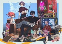  1boy 4girls :3 arm_at_side arm_rest at-at ball bare_arms bare_shoulders belt black_pants black_shirt blue_eyes blue_hair blue_shoes blue_shorts border breasts brown_eyes can cassette_player cassette_tape closed_mouth collared_shirt commentary contrapposto couch cropped_shirt crt doll dot_mouth dot_nose expressionless flag food furby game_console ghostbusters grey_pants groin hachiouji_vivi hair_between_eyes hand_on_own_hip highres himitsu_no_aipri himitsupuri holding holding_stuffed_toy hoshikawa_mitsuki hoverboard lava_lamp legs_apart legs_on_another's_lap looking_at_viewer mamiya_chii medium_hair midriff multiple_girls nanaura_otome nanaura_subaru navel neon_lights on_couch outside_border pants pepsi pink_hair pizza pizza_box ponytail popcorn powerpuff_girls_(style) pretty_series print_shirt priusa purple_hair purple_shirt red_eyes red_shirt sega_dreamcast shirt shoes short_hair short_sleeves shorts sitting sleeveless sleeveless_shirt small_breasts sneakers soccer_ball socks staff standing star_wars sticker straight_hair stuffed_animal stuffed_rabbit stuffed_toy toy two_side_up violet_eyes white_border white_flag white_shirt white_shoes white_socks wide_sleeves 