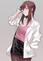  1girl black_skirt brown_eyes brown_hair brown_pantyhose closed_mouth commentary_request cowboy_shot evangelion:_3.0+1.0_thrice_upon_a_time eyelashes glass grey_background hand_in_pocket highres jacket long_hair long_sleeves makinami_mari_illustrious neon_genesis_evangelion open_clothes open_jacket pantyhose pink_shirt rebuild_of_evangelion shirt simple_background skirt smile solo white_jacket yagisawa_teru 