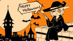  1girl absurdres bat_(animal) bug candy clock clock_tower commentary_request dragonfly emesan_desu food full_moon halloween happy_halloween hat highres holding holding_candy holding_food holding_lollipop lollipop long_sleeves looking_at_viewer moon one_eye_closed open_mouth orange_theme original robe solo tower witch witch_hat 