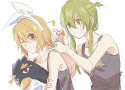  2girls bare_shoulders black_tank_top blonde_hair blue_eyes blush bow commentary_request green_eyes green_hair gumi hair_bow hairband holding holding_stuffed_toy kagamine_rin looking_at_another multiple_girls orange_eyes ponytail short_hair short_ponytail sidelocks simple_background star_(symbol) stuffed_animal stuffed_penguin stuffed_toy sweatdrop tank_top vocaloid white_background white_bow white_hairband wounds404 yuri 