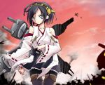  1girl bare_shoulders black_hair black_legwear blood blush boots breasts cannon clouds detached_sleeves glasses glasses_removed hairband japanese_clothes kakizaki kantai_collection kirishima_(kantai_collection) miko open_mouth pantyhose personification short_hair skirt sky smile thigh_boots thighhighs turret 