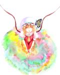  1girl blonde_hair butterfly flandre_scarlet from_above hat rasha red_eyes seiza sitting solo touhou wings 