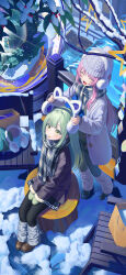  2girls absurdres animal_earmuffs bang_dream! bang_dream!_it's_mygo!!!!! black_pantyhose blue_skirt brown_shoes chair chihaya_anon closed_eyes coat commentary earmuffs green_hair green_skirt grey_leg_warmers grey_pantyhose grey_scarf highres leg_warmers log long_hair mittens multiple_girls open_mouth pantyhose pink_hair plaid_clothes plaid_scarf rui_(rei_leyi) scarf shoes sidelocks sitting skirt snow snow_globe standing violet_eyes wakaba_mutsumi white_coat winter_clothes yellow_eyes 