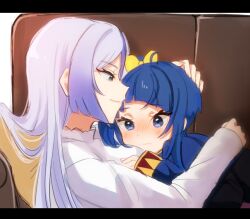  2girls blue_eyes blue_hair blue_tunic blush bow closed_mouth couch cuddling cut_bangs frown gradient_hair grey_hair hair_bow half-closed_eyes hirogaru_sky!_precure hug letterboxed long_sleeves looking_at_another lying medium_hair multicolored_hair multiple_girls on_back on_couch on_person on_stomach precure shalala_(precure) shirt side_ponytail single_sidelock smile sora_harewataru tunic white_shirt yellow_bow yumi_san0112 