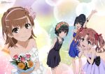  4girl absurdres arm_up black_eyes black_hair bow brown_eyes brown_hair dress flower hair_bow hair_flower hair_ornament hairband hairclip highres legs megami misaka_mikoto multiple_girls official_art saten_ruiko shirai_kuroko short_hair smile to_aru_kagaku_no_railgun to_aru_majutsu_no_index twintails uiharu_kazari 