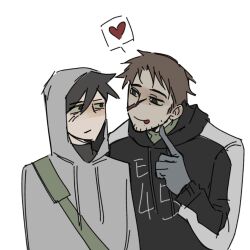 2boys :p afraid_of_monsters bag beard_stubble black_gloves black_hair black_hoodie black_shirt brotherhon56337 brown_hair creator_connection cry_of_fear deadpan facial_hair fingerless_gloves gloves grey_hoodie heart hood hood_down hood_up hoodie looking_at_another male_focus multiple_boys pointing pointing_at_self scar scar_on_face shirt short_hair shoulder_bag simon_henriksson spoken_heart stubble tongue tongue_out turtleneck 