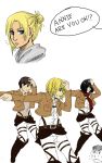  2girls 3boys annie_leonhardt armin_arlert belt bertholt_fubar black_hair blonde_hair blue_eyes boots brown_hair dancing drawfag english eren_jaeger expressionless green_eyes hair_up highres jacket long_hair michael_jackson mikasa_ackerman multiple_boys multiple_girls parody pose posing pun scarf shingeki_no_kyojin short_hair simple_background sketch smile smooth_criminal sweat thigh_boots thighhighs three-dimensional_maneuver_gear uniform white_background 