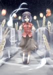 1girl beret blue_eyes blue_hair ghost grave graveyard hat jiangshi lantern looking_at_viewer miyako_yoshika night ofuda open_mouth outstretched_arms shirt short_hair skirt sky solo star star_(sky) starry_sky tam-out_(datam) touhou zombie_pose 